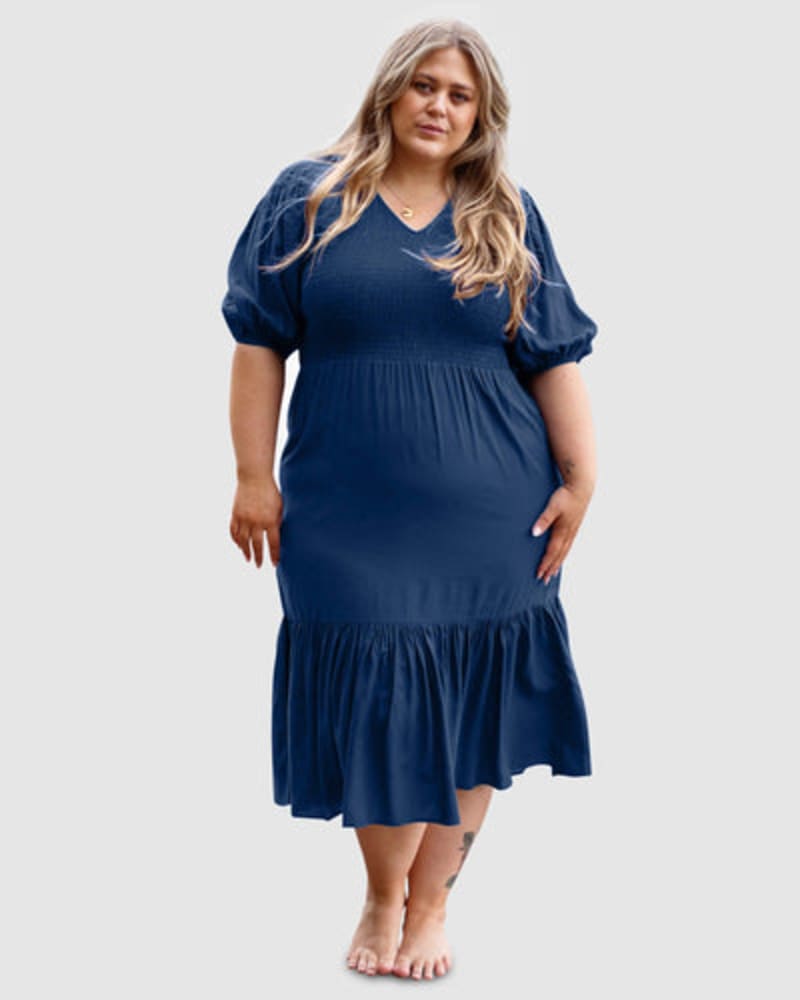 Front of a model wearing a size 12 Mia Blouse Sleeve Dress in Navy by Dani Marie. | dia_product_style_image_id:258065